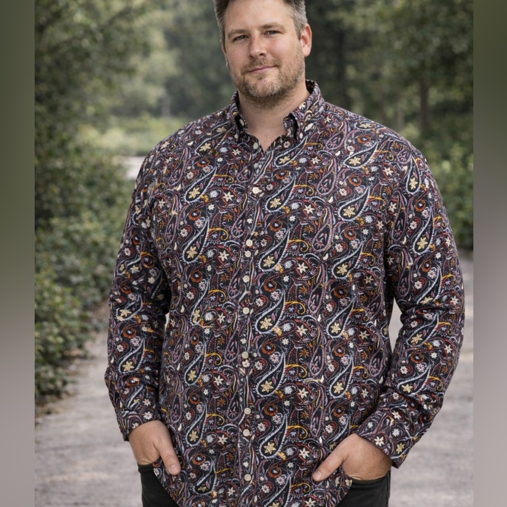 Roundtree & Yorke 2XT Men’s Paisley Floral Button Shirt Navy 100% Cotton